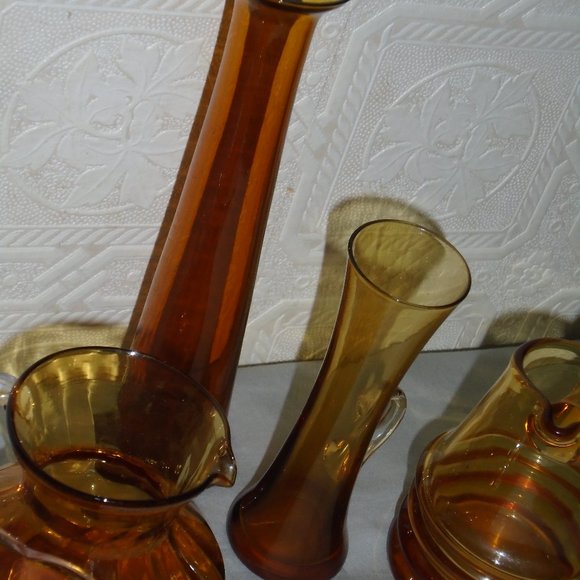 VINTAGE MINIATURE, AMBER GLASS, LOT, PITCHER/DECANTER & VASE, USED NICELY STORED - Picture 11 of 15